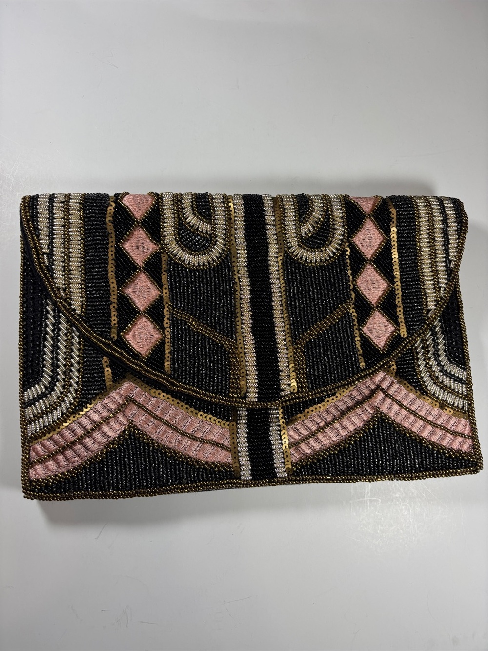 Beaded Clutch Purse Black Art Deco Pink Gold Evening Crossbody Chain Shirdee Bag